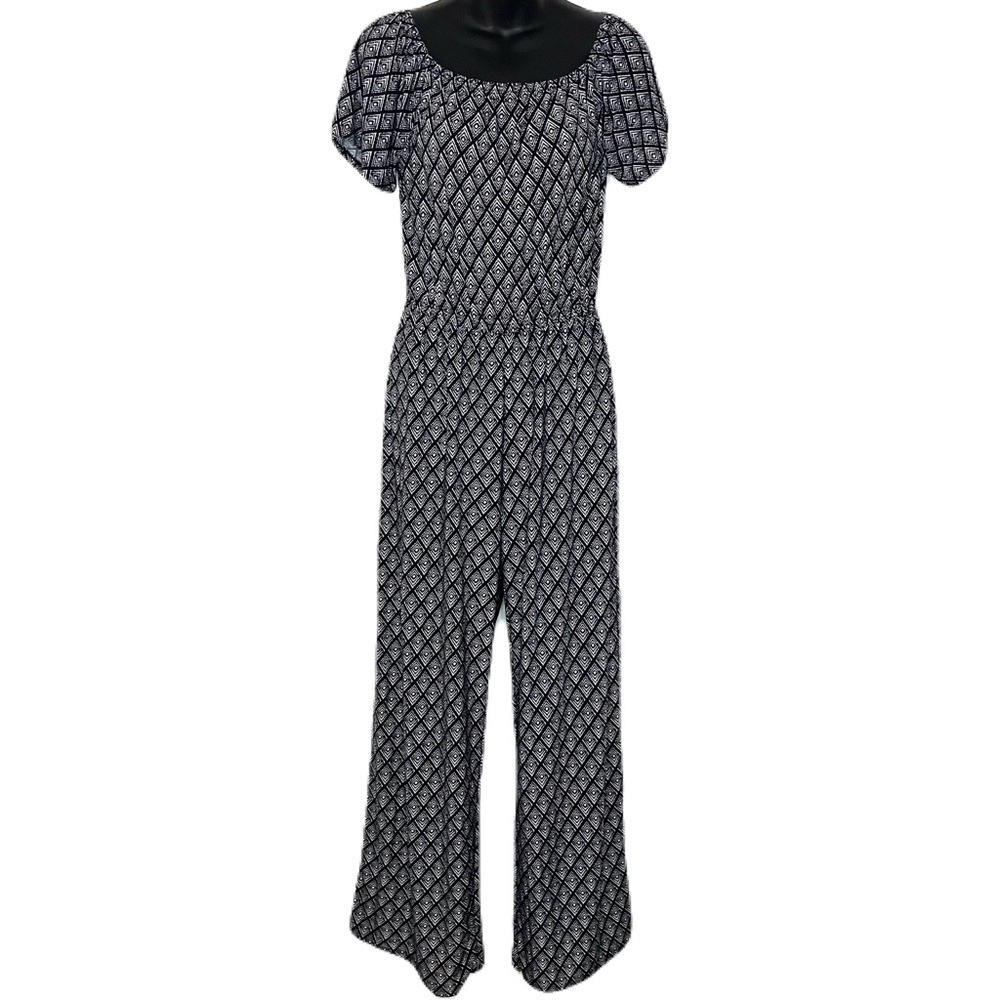 Exist Black and White Geometric Monochrome Diamond Pattern Short Sleeve Jumpsuit